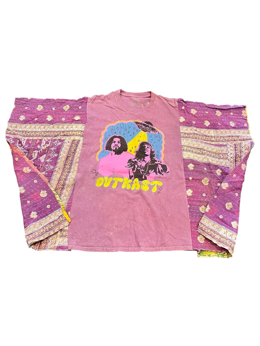 Purple Outkast upcycled graphic top with kantha patchwork side panels